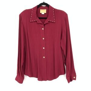 Saddle Ridge Button Front Shirt Womens Sz Large Dark Red Long Sleeve Stud Detail